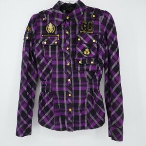 COOGI Luxury Cinched Waist Button Front Patch Plaid Long sleeve Shirt Purple S